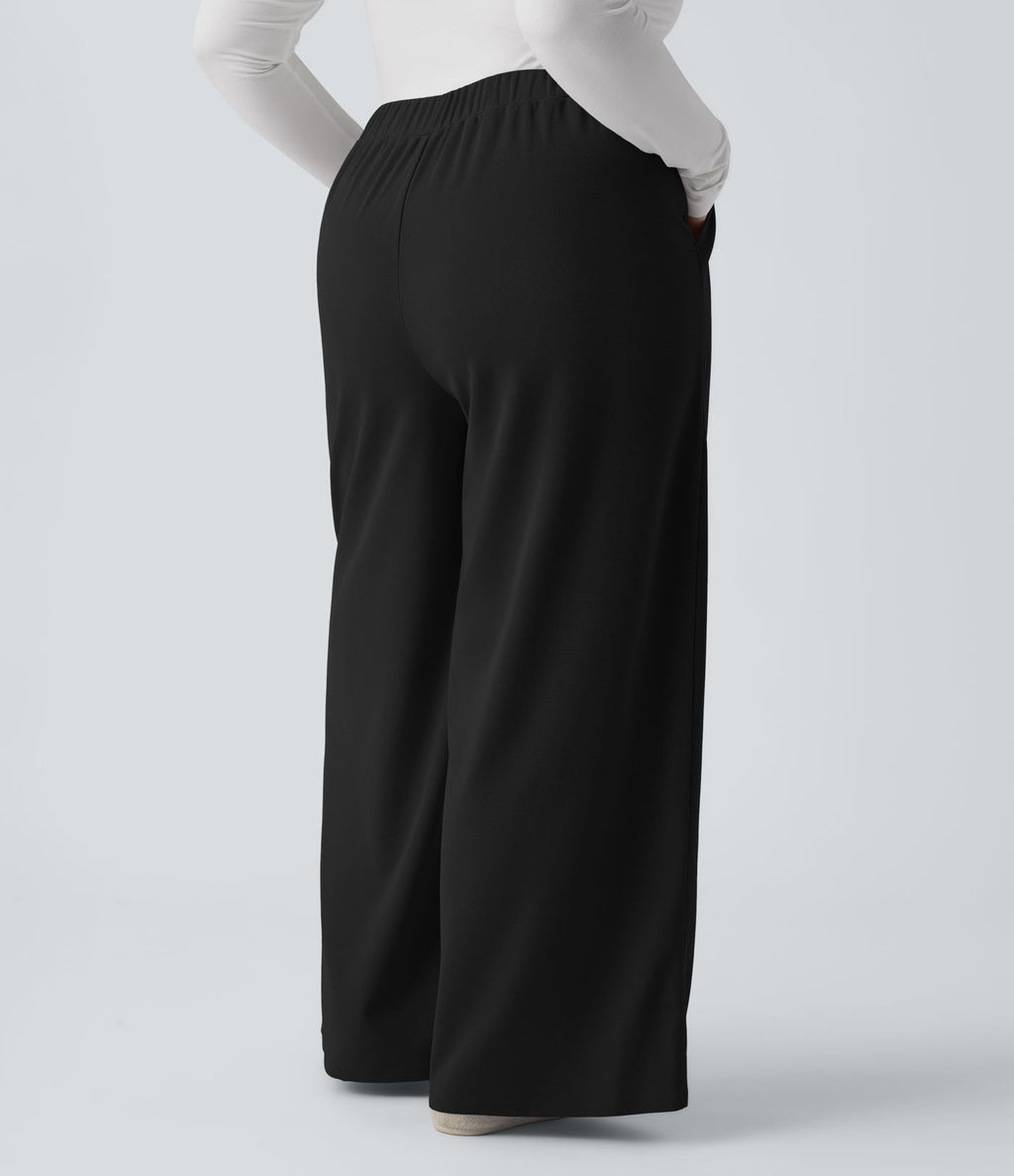Pantalon décontracté grande taille large en maille gaufrée, taille haute, avec poches