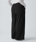 Pantalon décontracté grande taille large en maille gaufrée, taille haute, avec poches