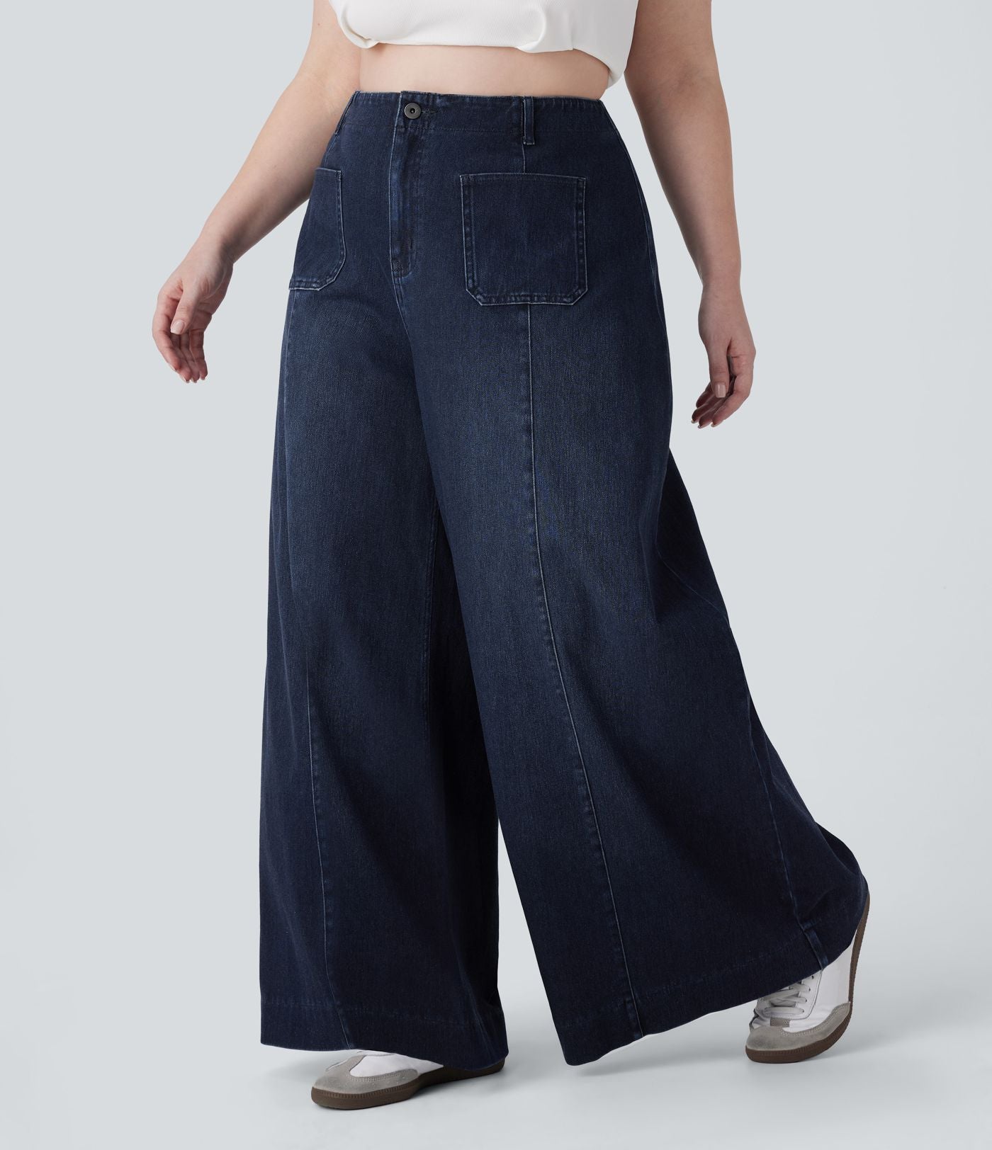 Jean décontracté Halara Flex™ grande taille large taille haute en maille extensible délavée avec poches avant