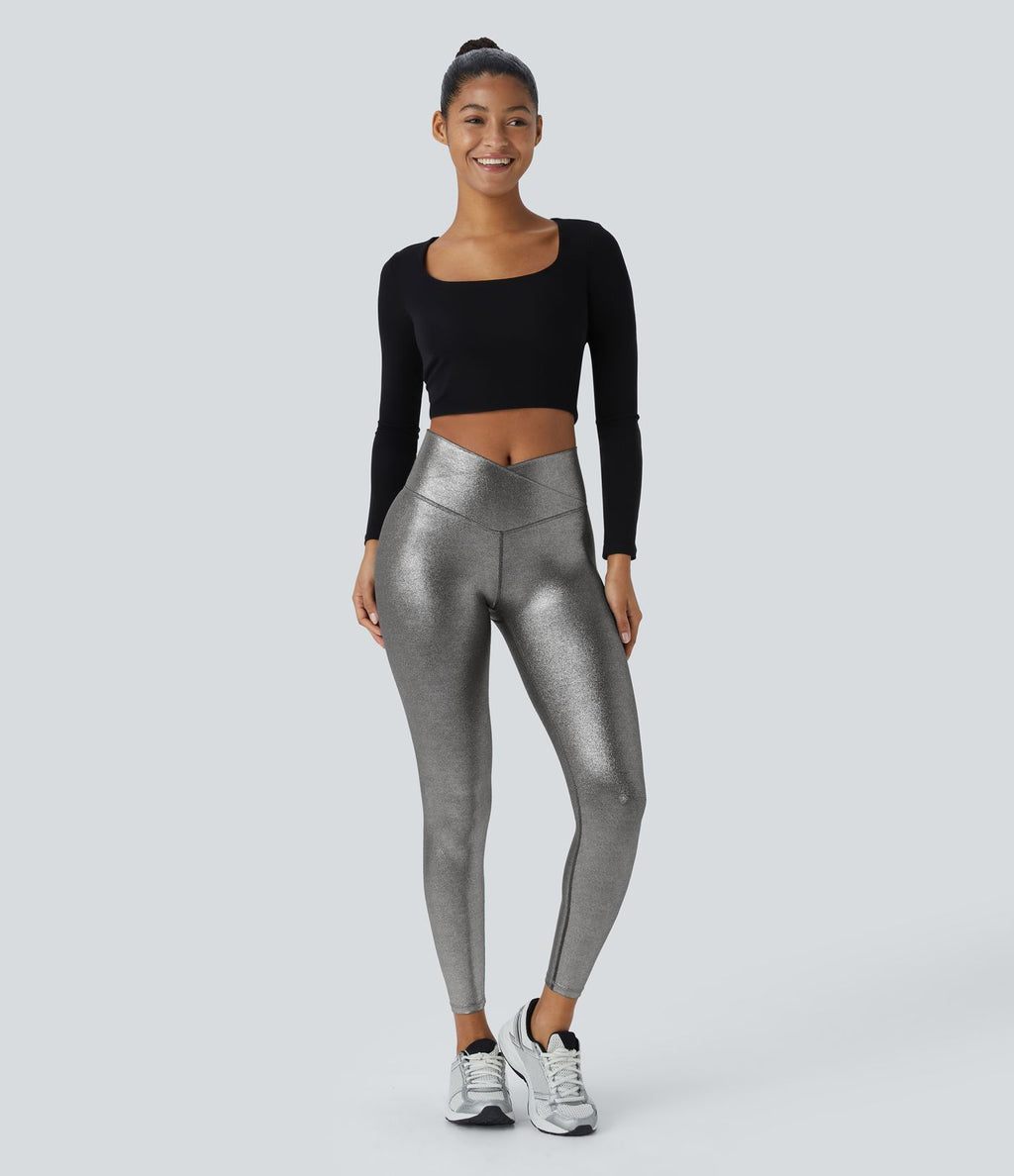Legging de yoga SoftlyZero™ en simili stretch avec taille croisée, imprimé métallisé et poche arrière