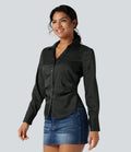 Chemise décontractée ajustée col V manches longues ourlet arrondi