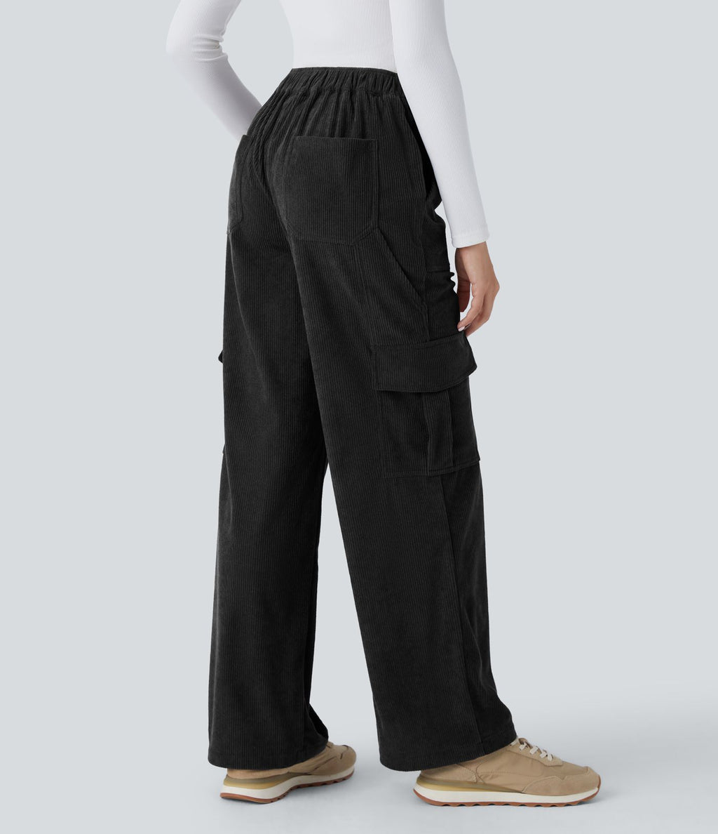 Pantalon cargo décontracté droit en velours côtelé, taille mi-haute, avec poches