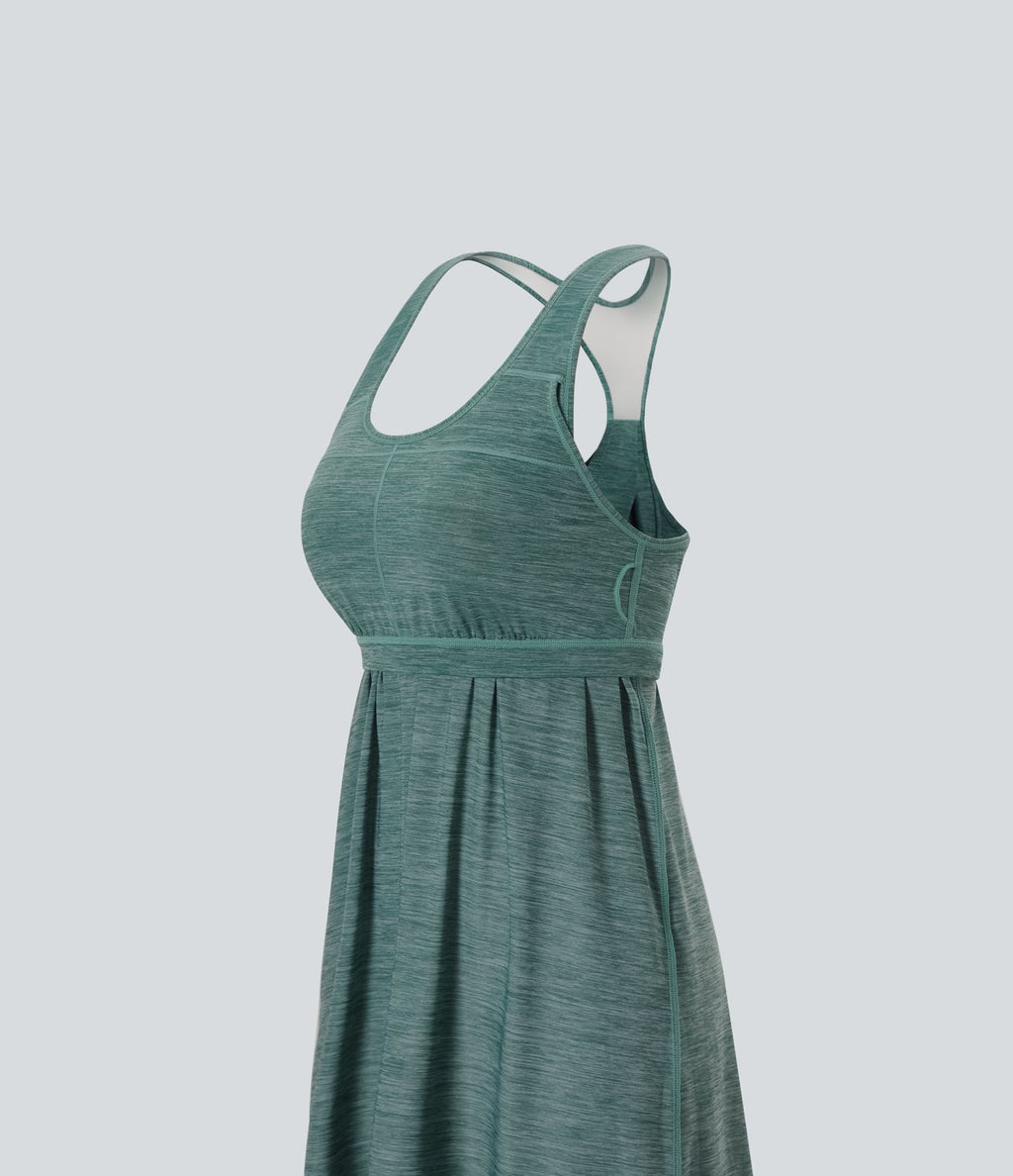Robe active de yoga mini 2 pièces à encolure en U, dos nu, dos nageur, maille contrastante et poche latérale