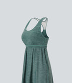 Robe active de yoga mini 2 pièces à encolure en U, dos nu, dos nageur, maille contrastante et poche latérale