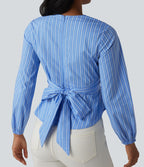 Blouse de travail rayée à col V, manches longues et dos noué