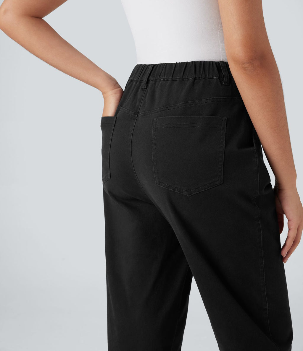 Pantalon chino coton fuselé taille haute avec poches