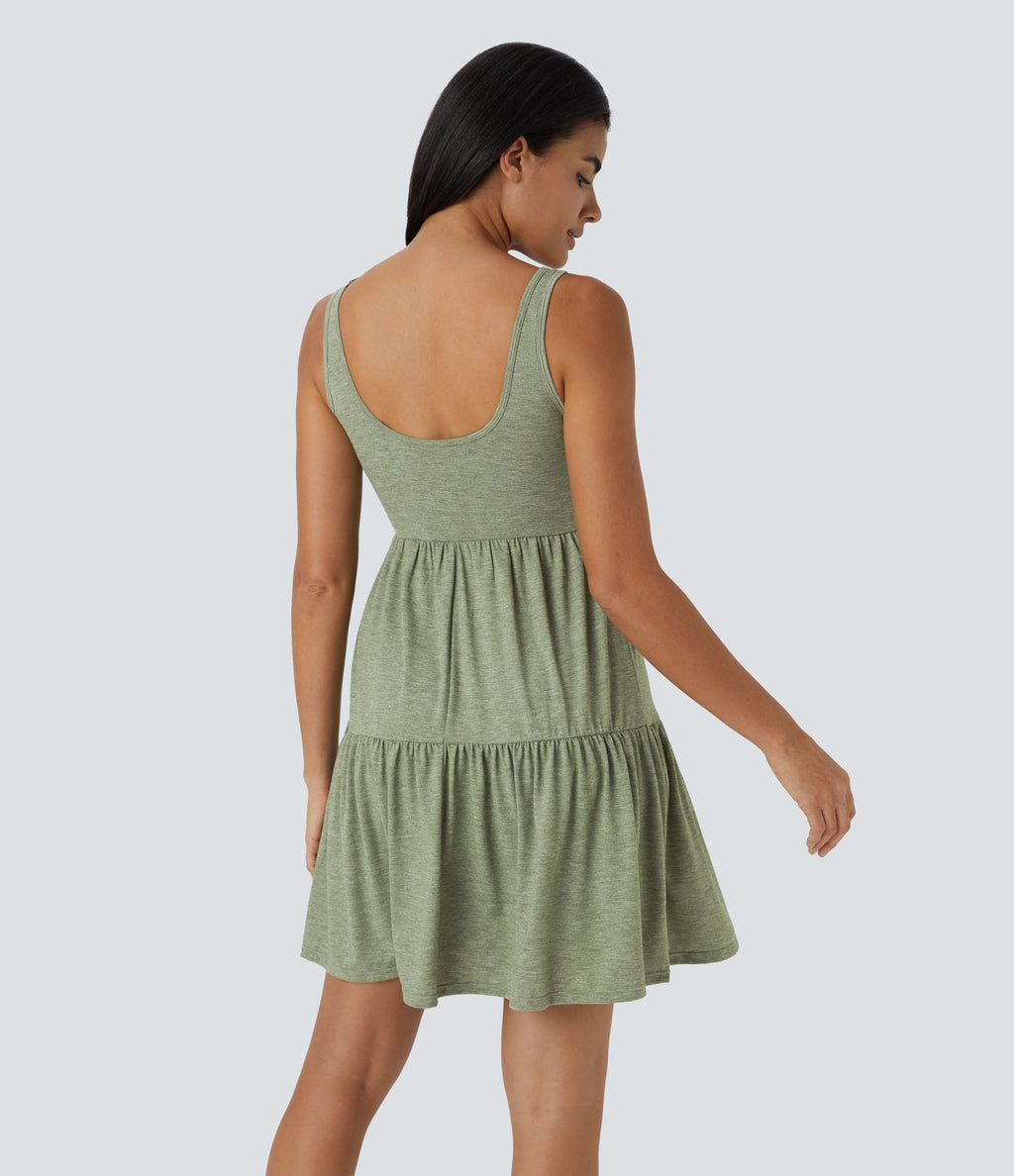 Robe Mini Vacance Fluide à Encolure en U Dos Nu avec Boutons Ourlet Volanté Plissé