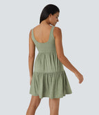 Robe Mini Vacance Fluide à Encolure en U Dos Nu avec Boutons Ourlet Volanté Plissé