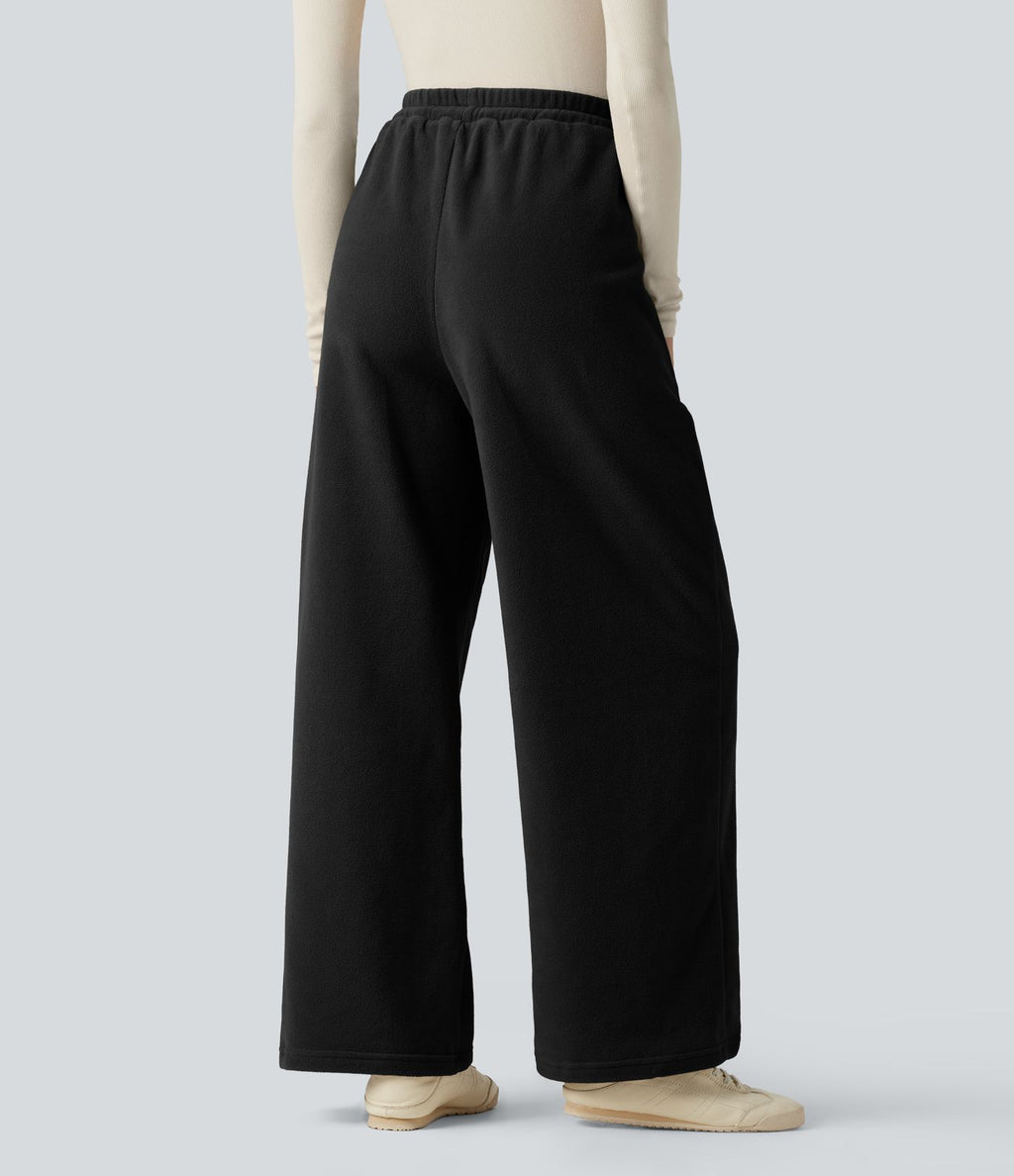 Pantalon large décontracté en polaire taille haute avec cordon de serrage et poches