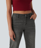 Jean décontracté Halara Flex™ taille basse à jambes droites avec bouton, fermeture éclair, multiples poches, effet délavé en maille extensible