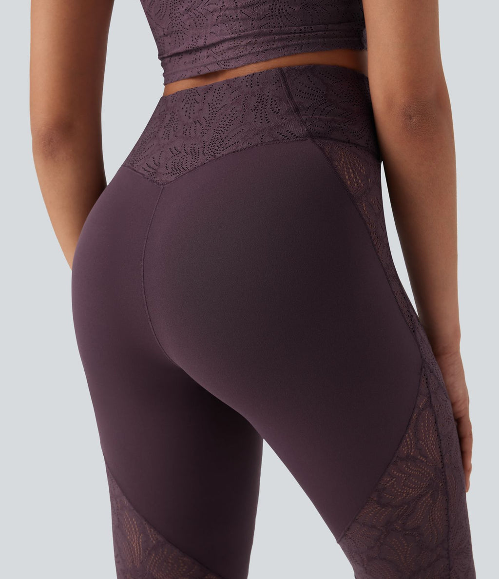 Pantalon de yoga évasé à taille haute croisée, poche arrière et dentelle