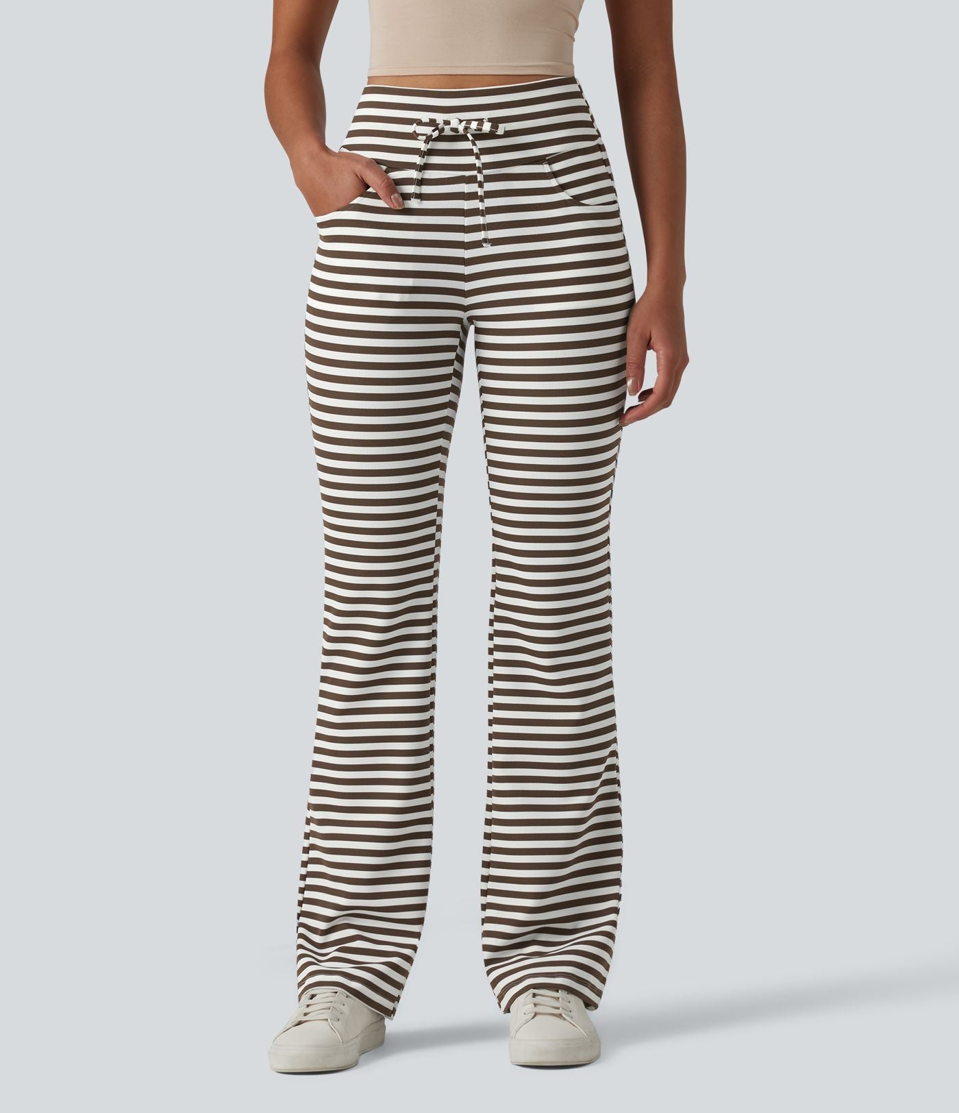 Pantalon évasé décontracté taille haute gainant à rayures en tissu gaufré avec cordon de serrage et poches