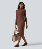 Robe midi moulante tailleur à col montant et manches longues en maille torsadée