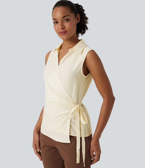 Chemise de travail sans manches col V cache-cœur avec lien latéral