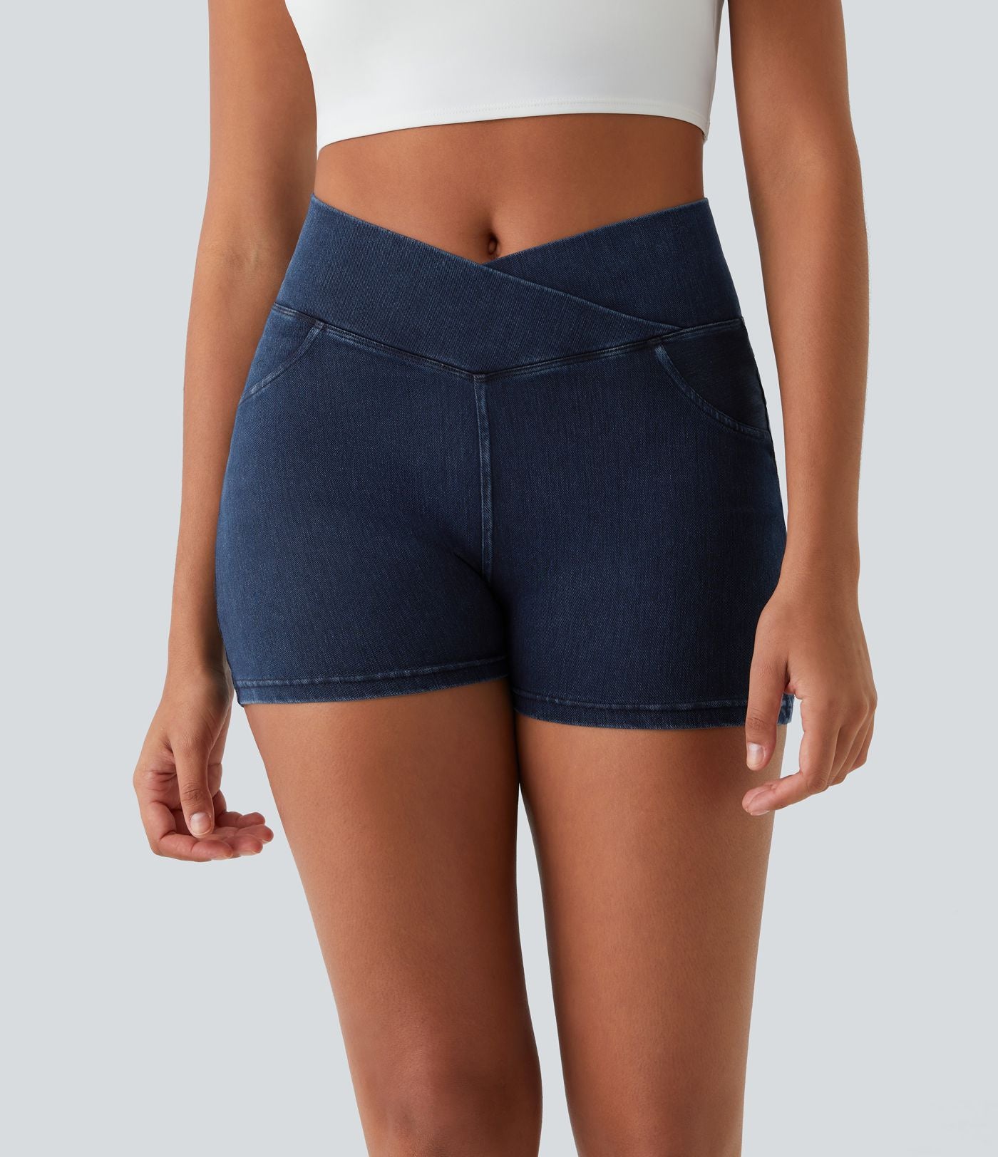 Halara Flex™  Shorts 7,5cm Denim Casual Taille Haute Poches Latérales Croisées en Maille Extensible