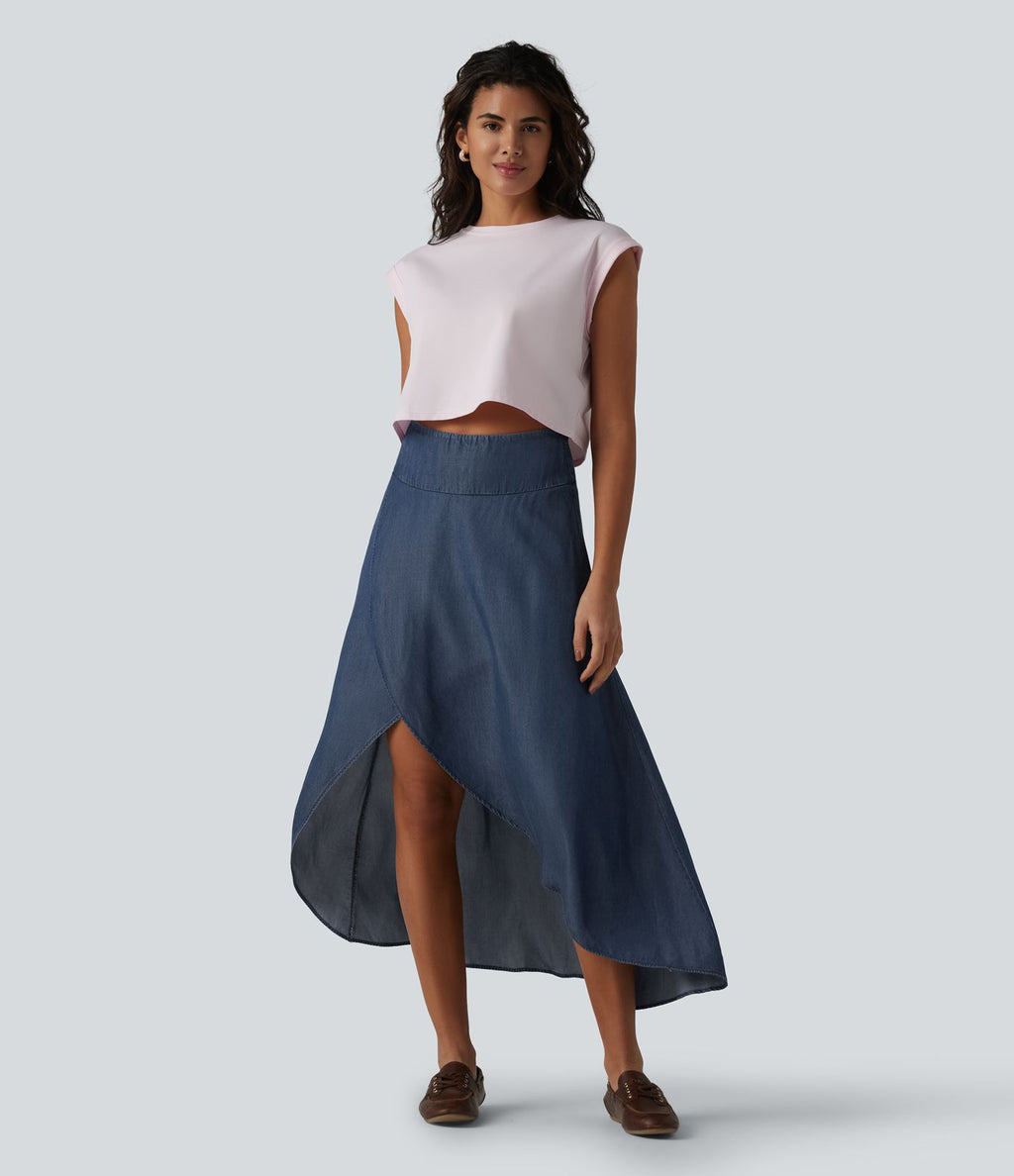 Jupe en jean midi fluide drapée en lyocell taille haute avec fermeture éclair invisible, ourlet asymétrique et poches