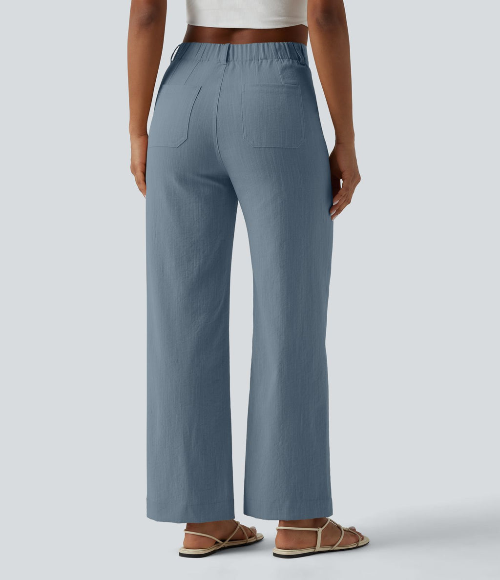 Pantalon taille haute coupe droite effet lin avec poches