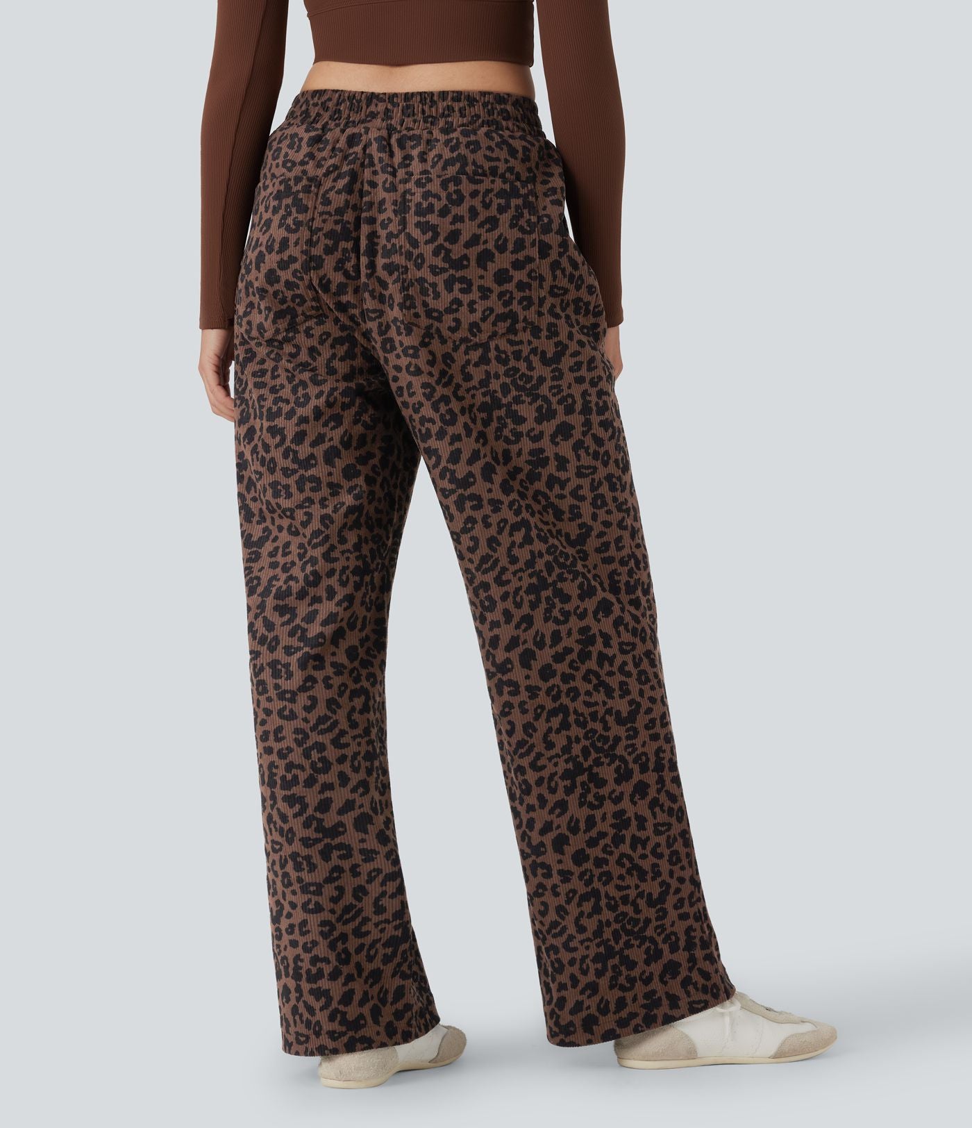 Pantalon léopard ample décontracté velours côtelé imprimé taille haute avec poches