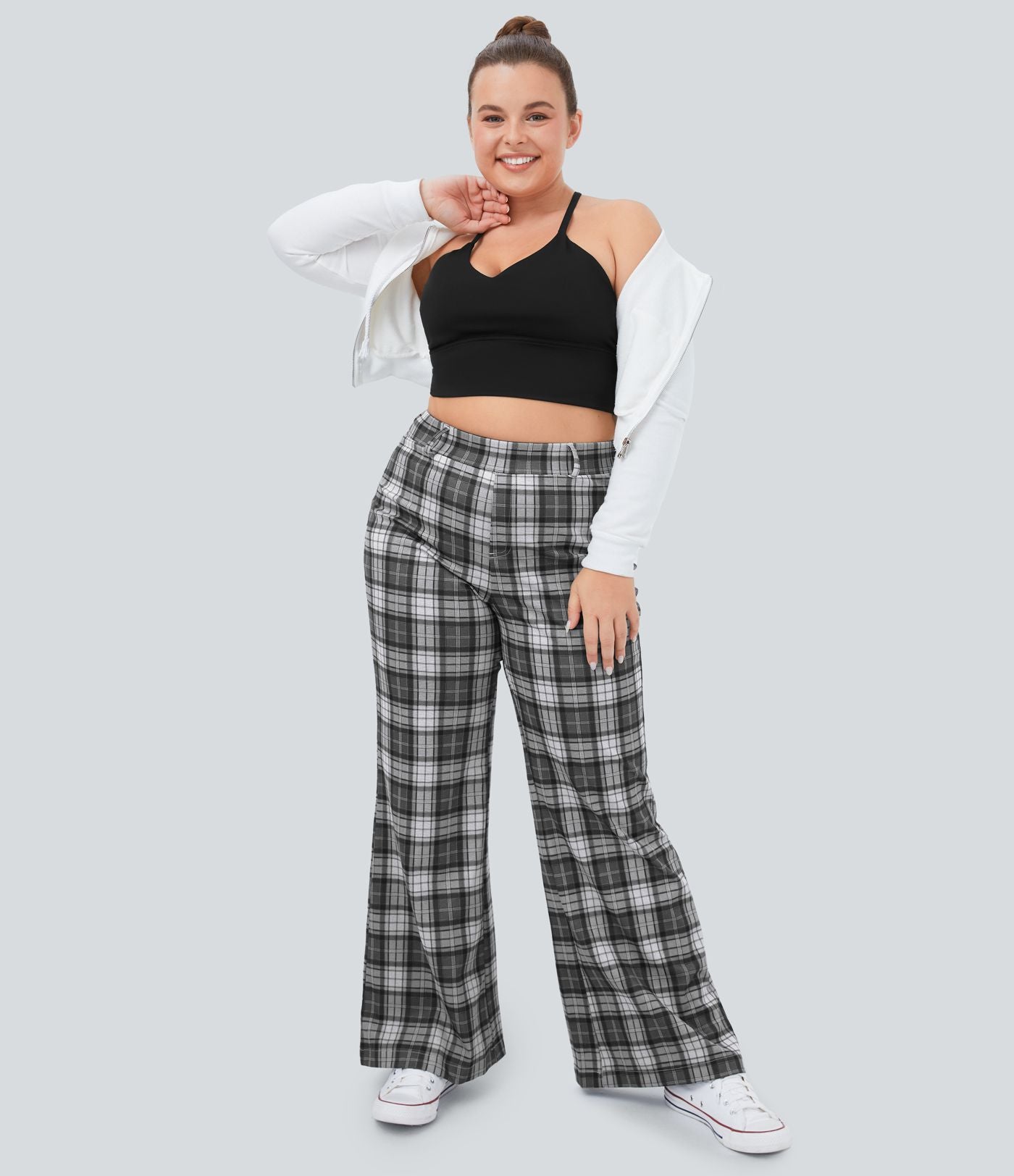 Pantalon Large Casual Taille Haute Carreaux Grande Taille
