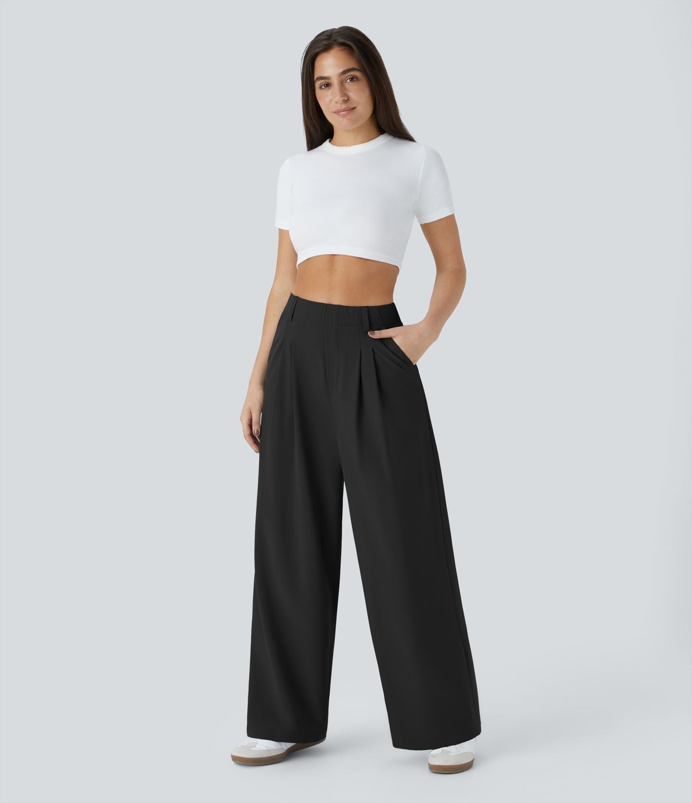 Breezeful™ Pantalon Large Fluide Taille Haute Poches Latérales Palazzo Solide Casual Linen-Feel