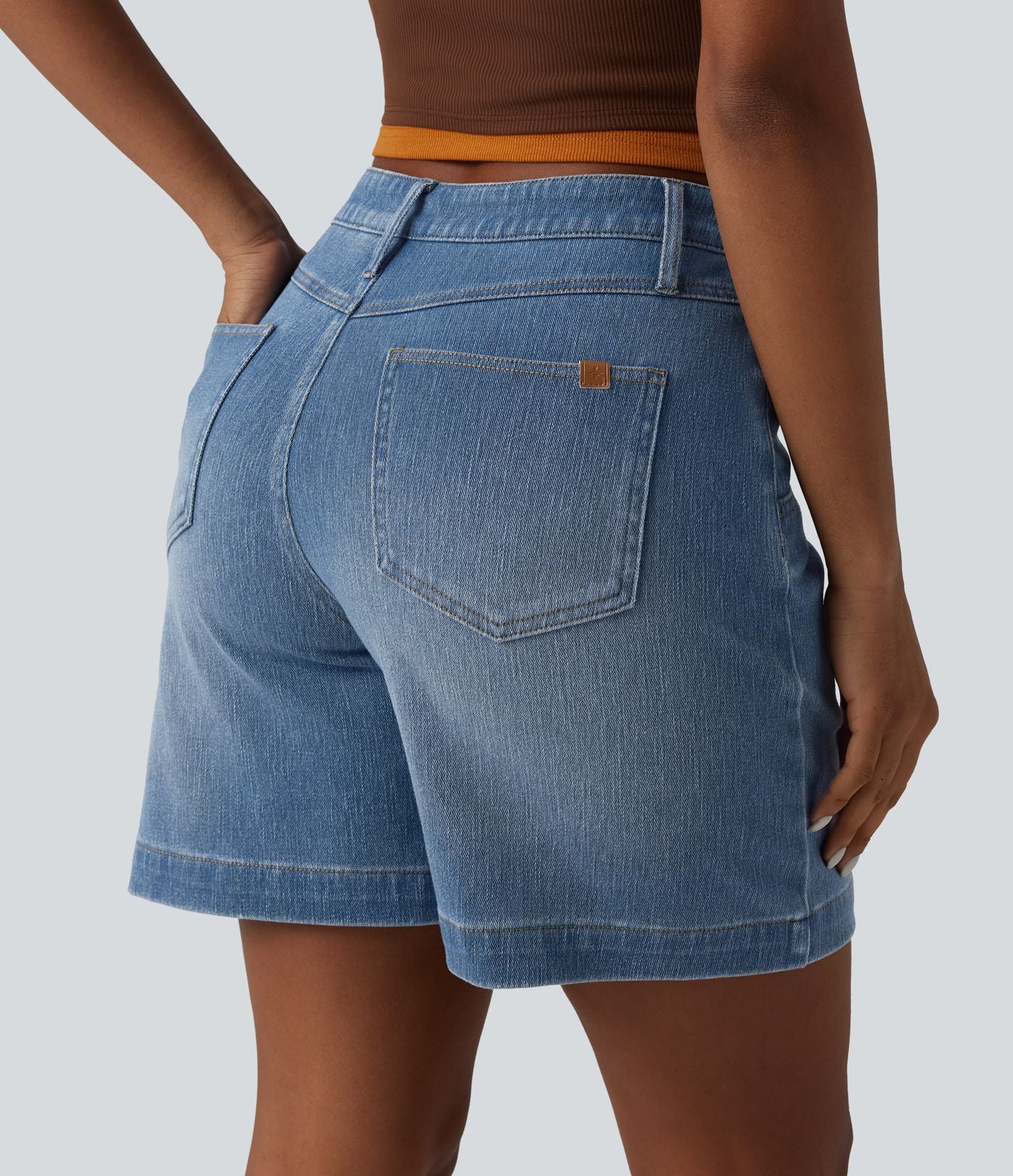 Short denim ample décontracté Halara Flex™ délavé taille mi-haute ourlet roulotté avec poches