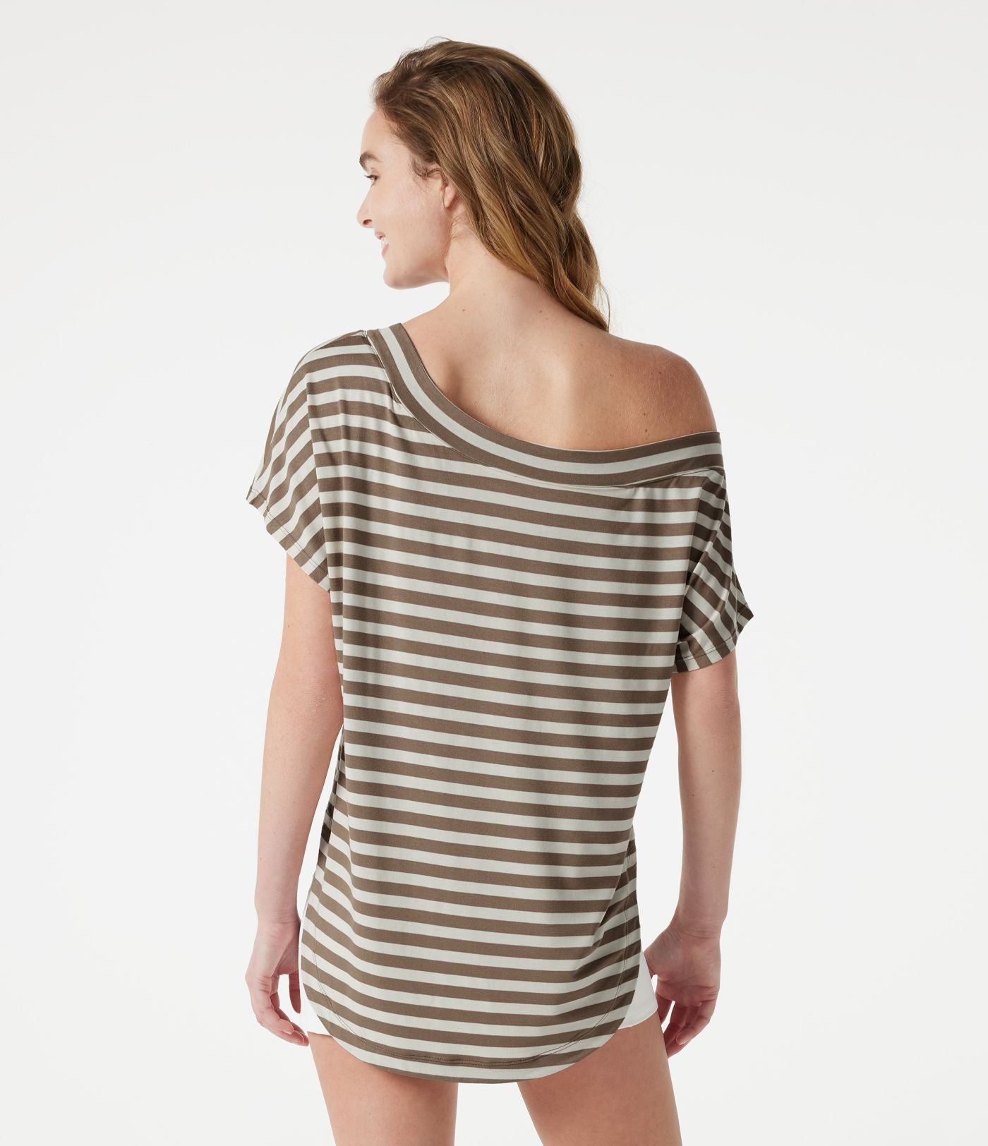 Top casual asymétrique épaule dénudée à rayures, manches courtes, ourlet incurvé et brassière intégrée