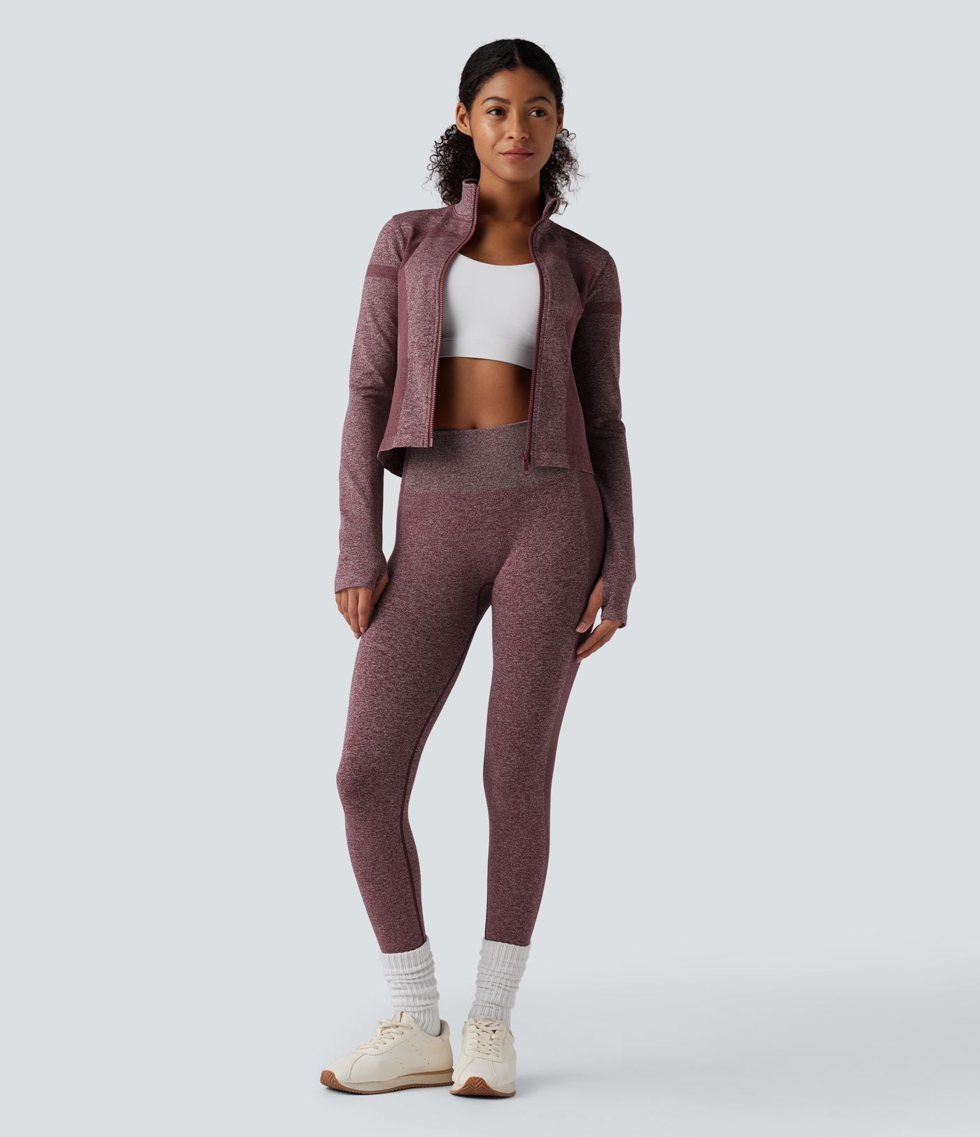 Veste de yoga chaude OneForm Seamless Flow col montant zippée à manches longues avec passage de pouce