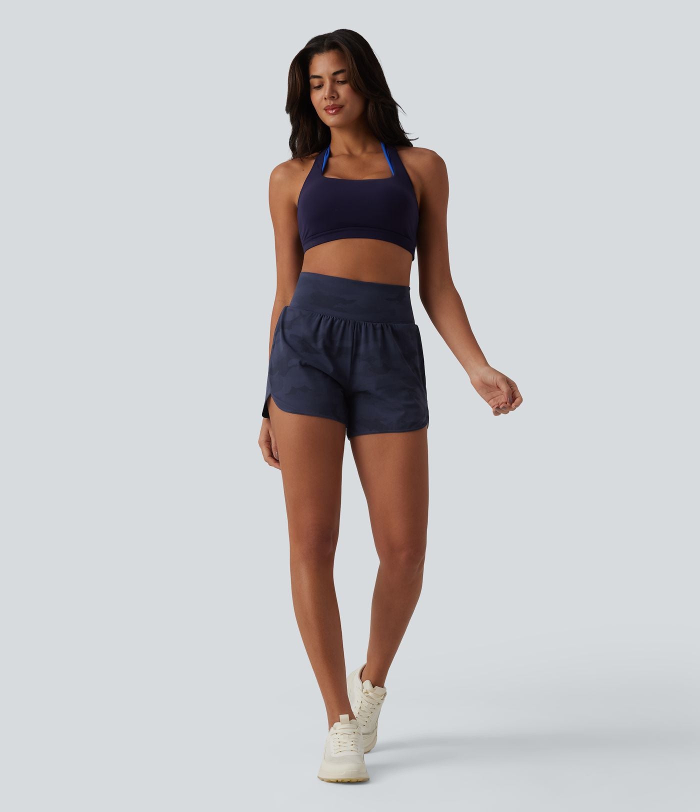 Short de running 2 en 1 Halara UltraSculpt™ gainant imprimé camouflage, taille haute, ourlet incurvé, 10 cm, avec poche