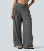 Pantalon casual large ample chiné taille haute croisé à lacets avec poches
