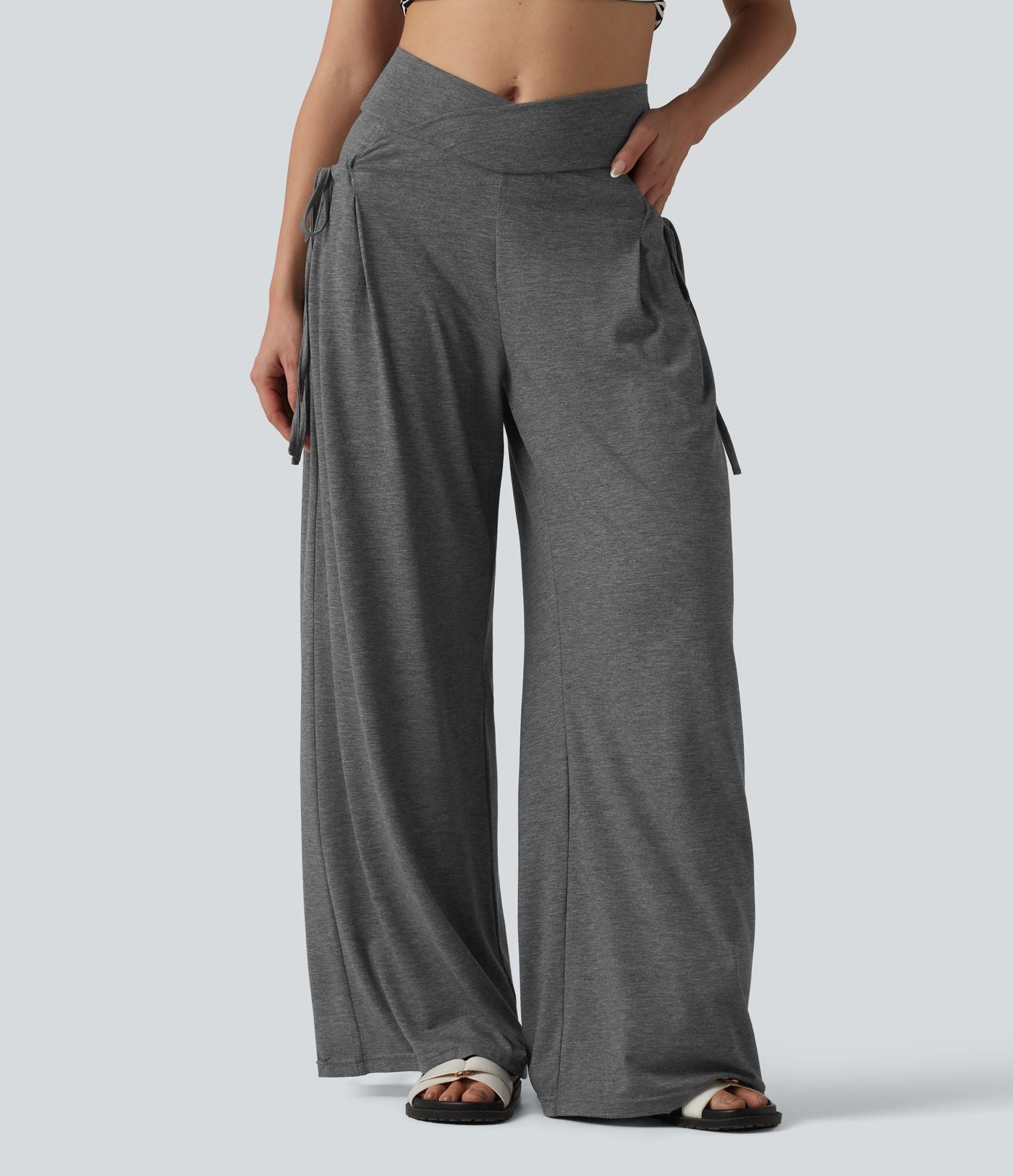 Pantalon casual large ample chiné taille haute croisé à lacets avec poches