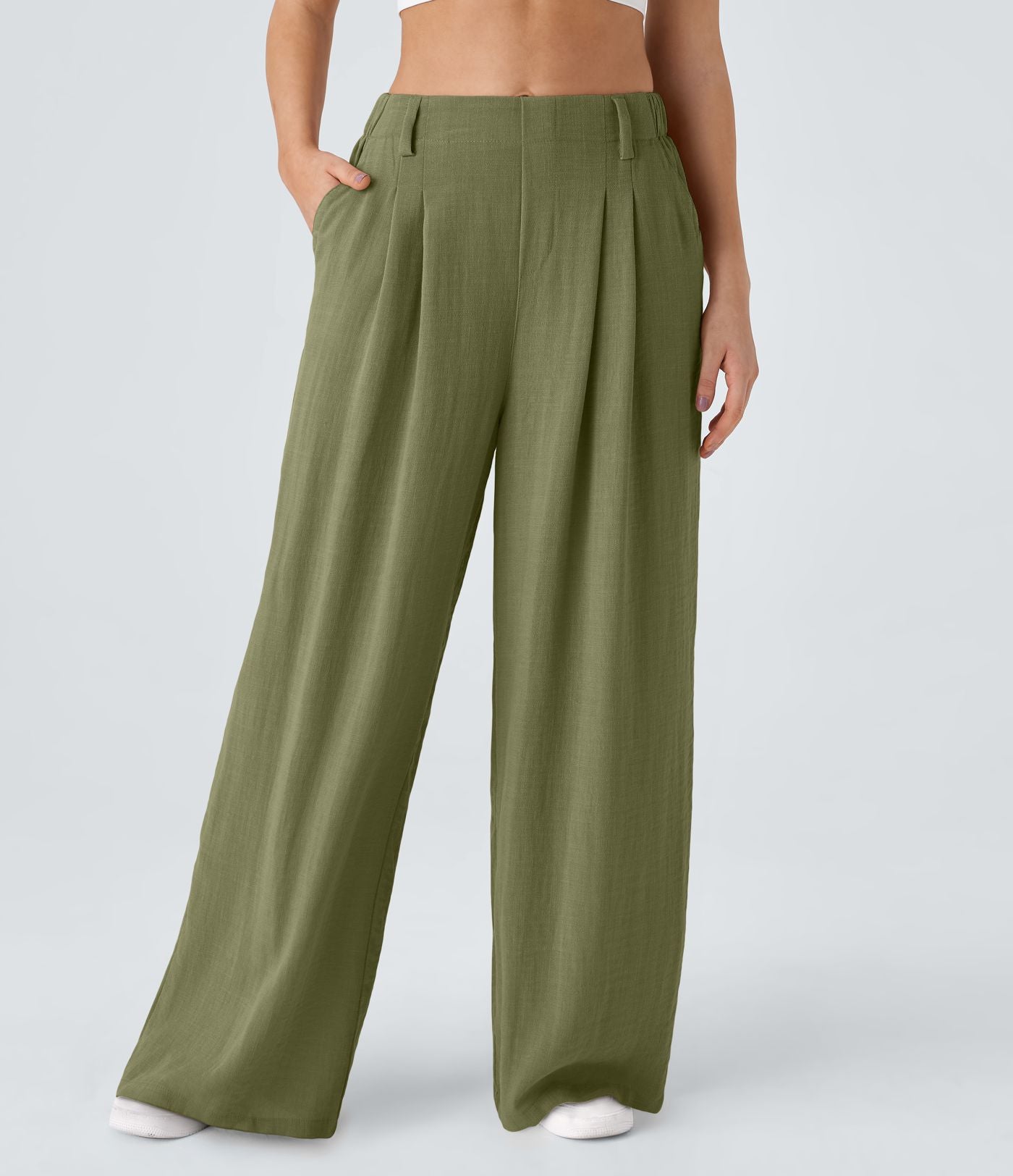 Pantalon Fluide Large Taille Haute Poches Latérales Palazzo Solide Casual Linen-Feel