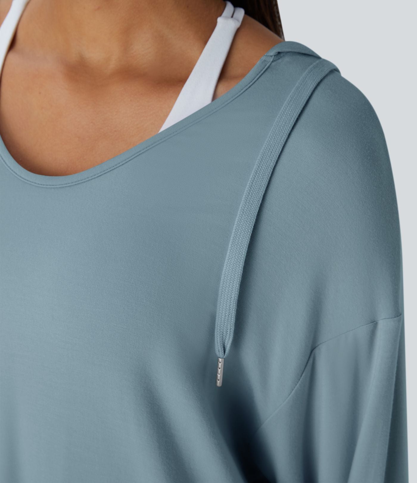 Sweatshirt Casual à Capuche Encolure en V Cordon de Serrage Trou pour le Pouce Fente et Coupe Longue