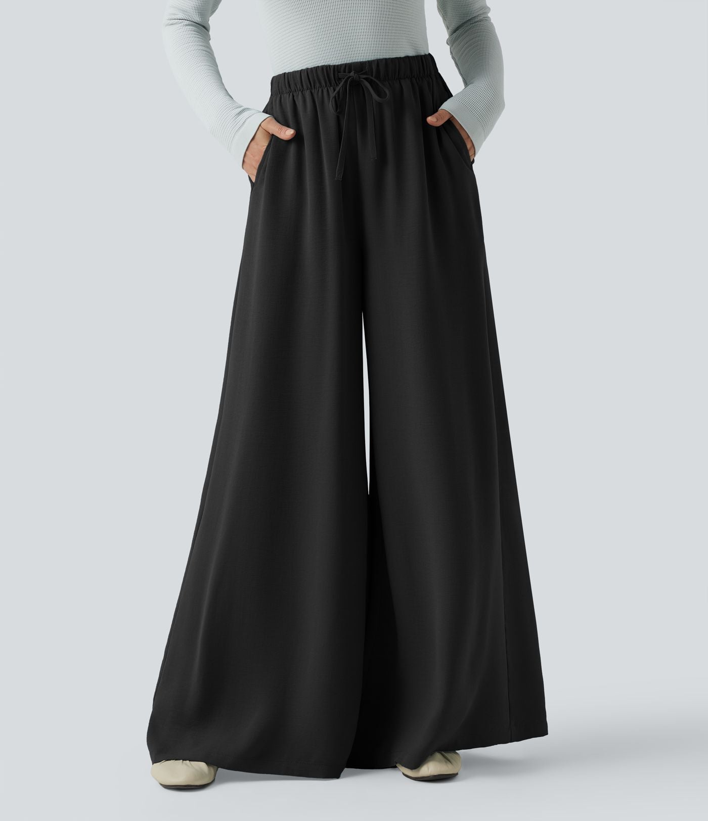 Pantalon large fluide décontracté taille haute effet lin avec cordon de serrage et poches