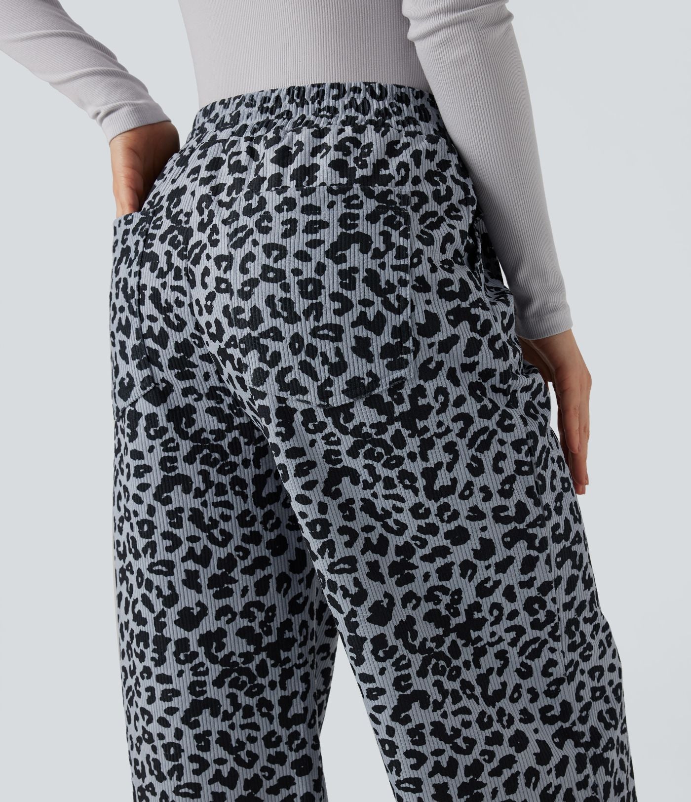 Pantalon léopard ample décontracté velours côtelé imprimé taille haute avec poches