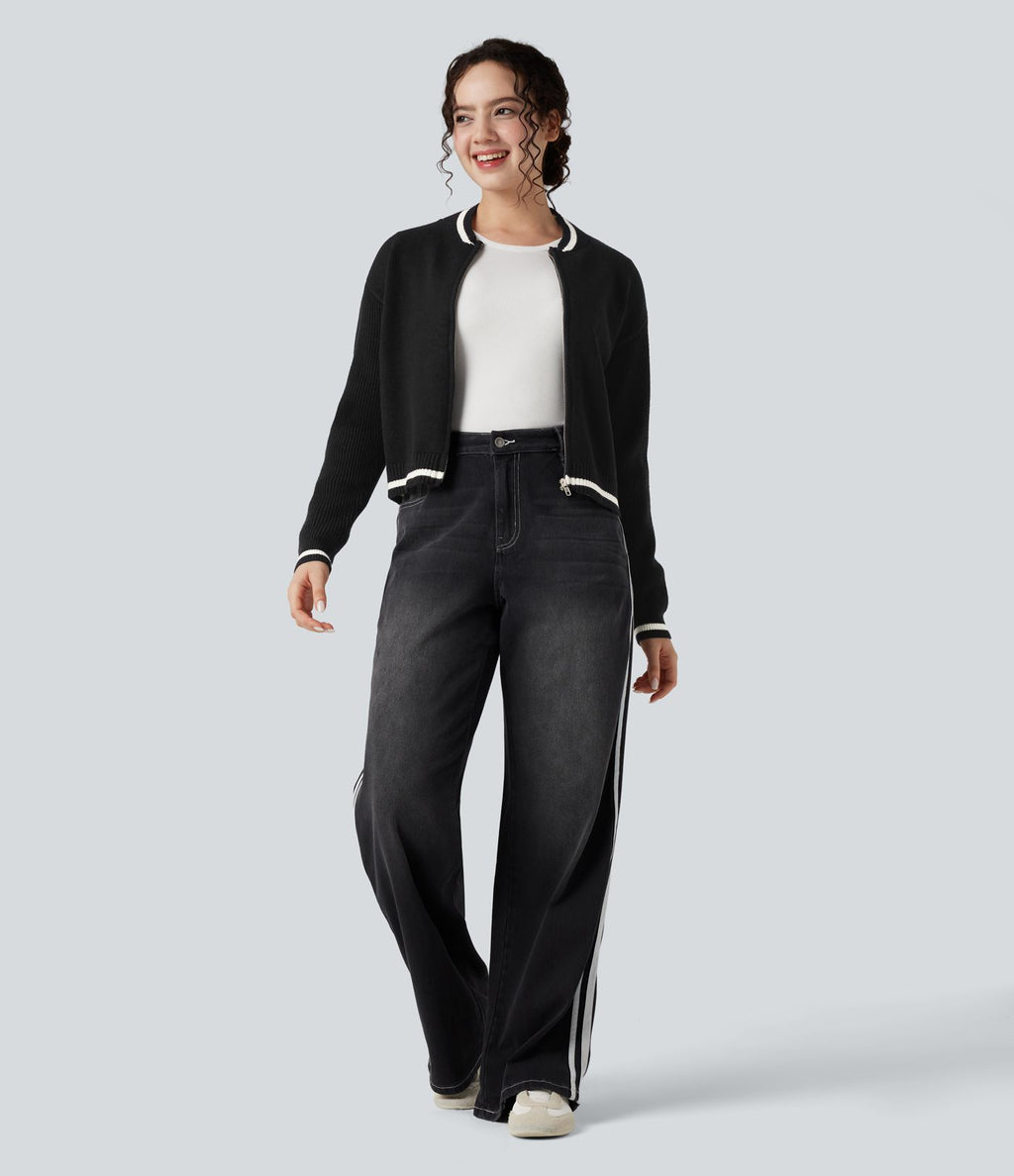 Cardigan color block col rond manches longues