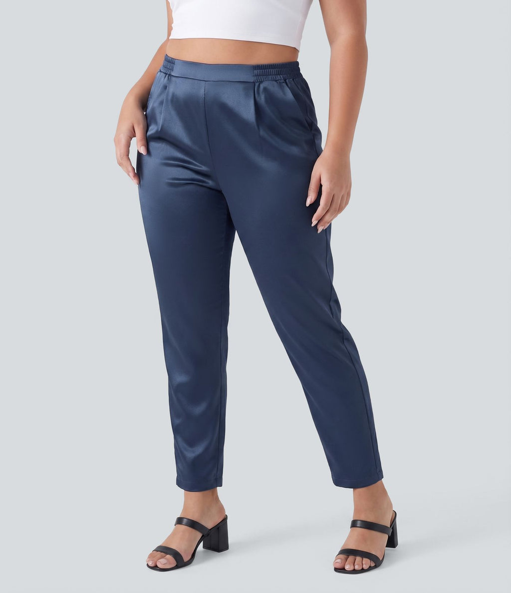 Pantalon tailleur fuselé en satin taille haute grande taille avec poches