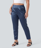 Pantalon tailleur fuselé en satin taille haute grande taille avec poches