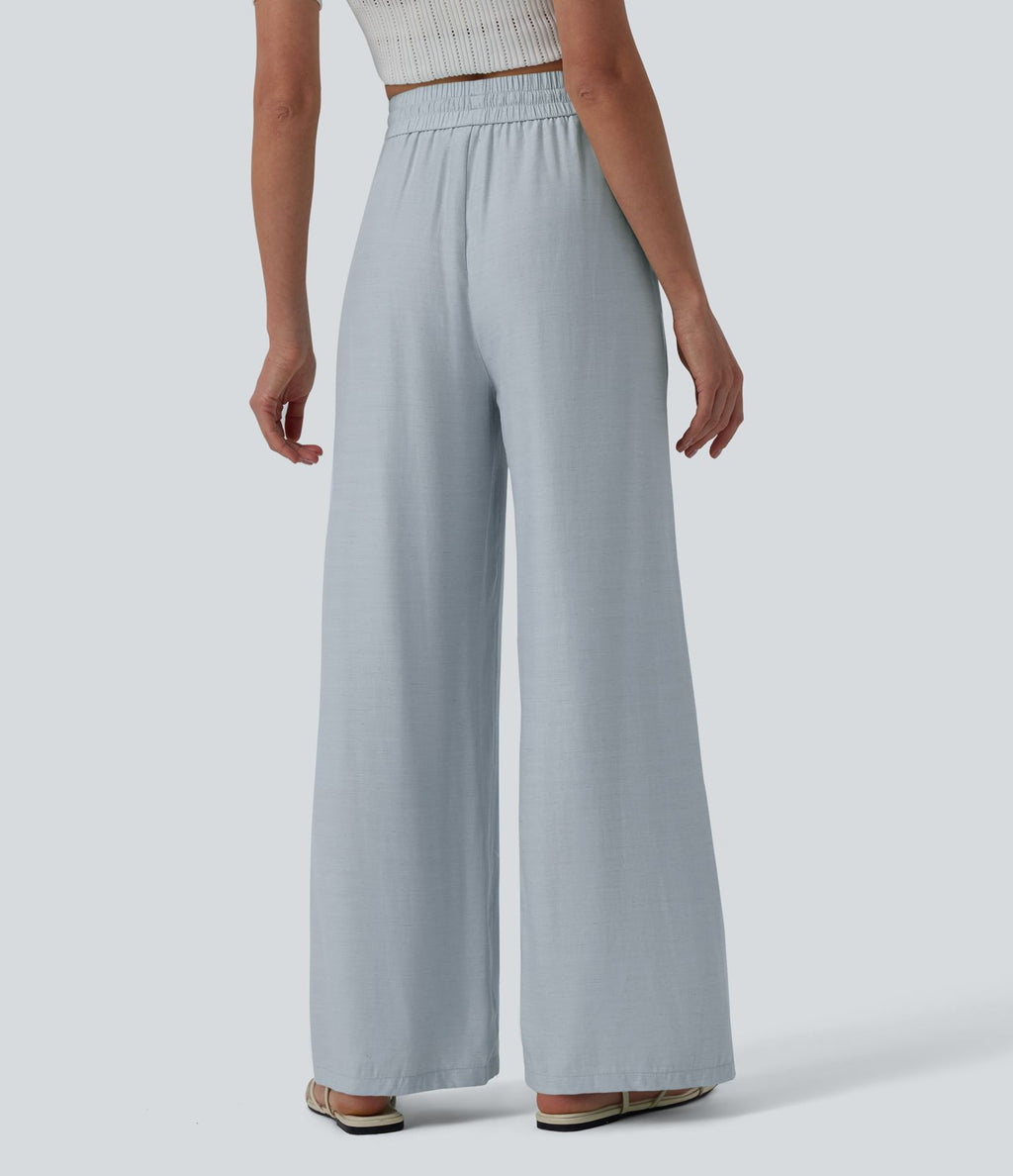 Pantalon casual large mélange lin taille haute avec cordon de serrage et poches