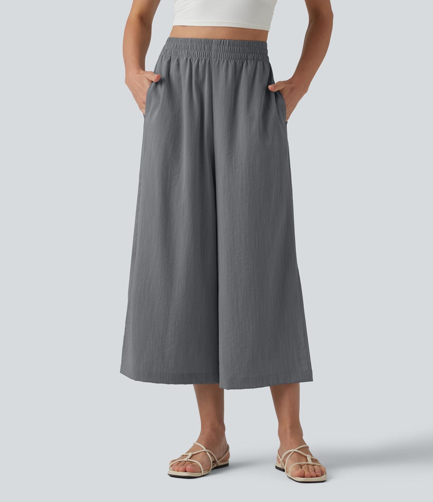 Pantalon ample court taille haute aspect lin avec fentes et poches