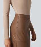 Jupe crayon midi habillée taille haute en simili cuir doublé polaire avec fermeture éclair invisible et fente