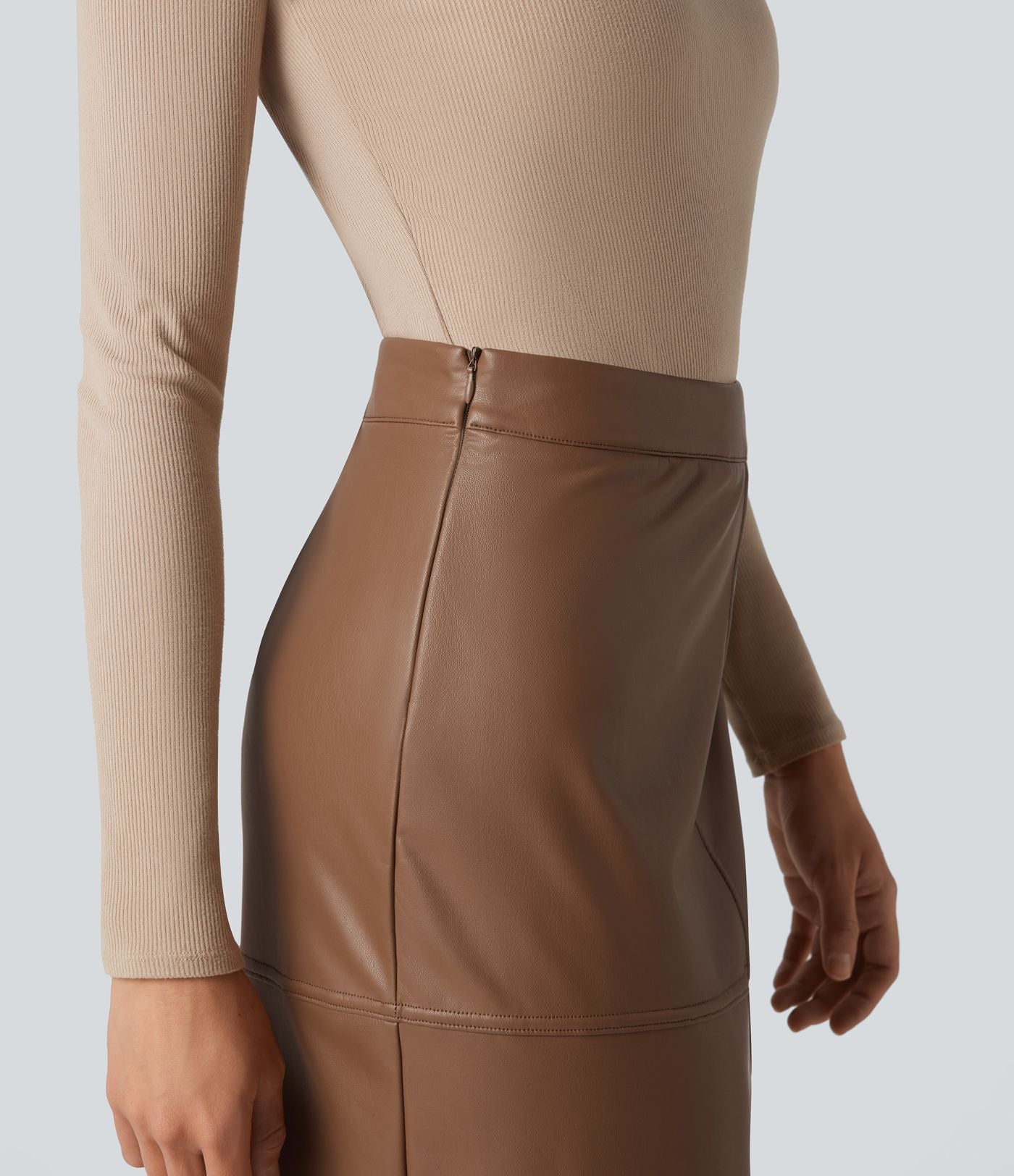 Jupe crayon midi habillée taille haute en simili cuir doublé polaire avec fermeture éclair invisible et fente