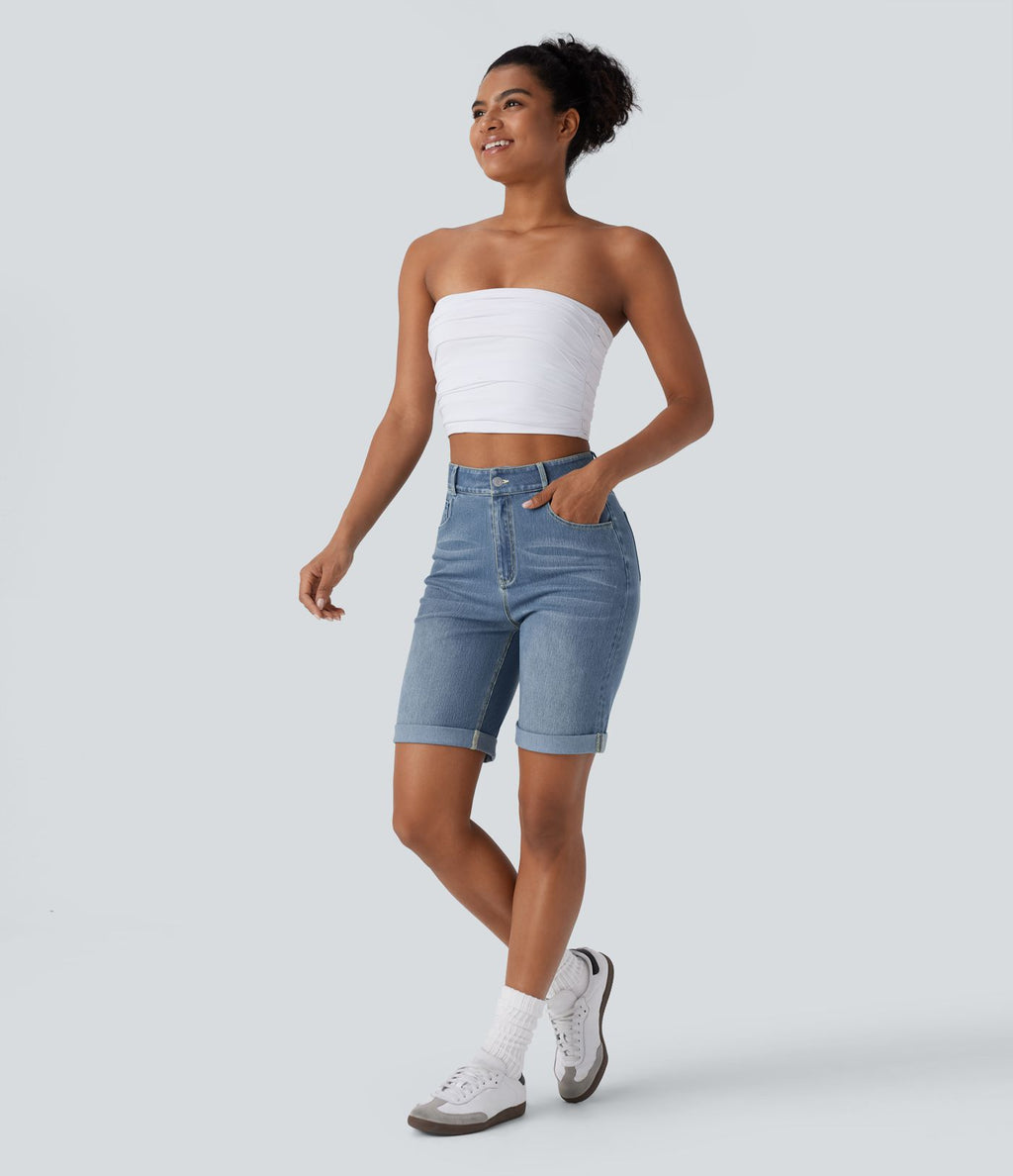Bermuda décontracté en jean extensible délavé Halara Flex™ taille haute avec revers et multiples poches