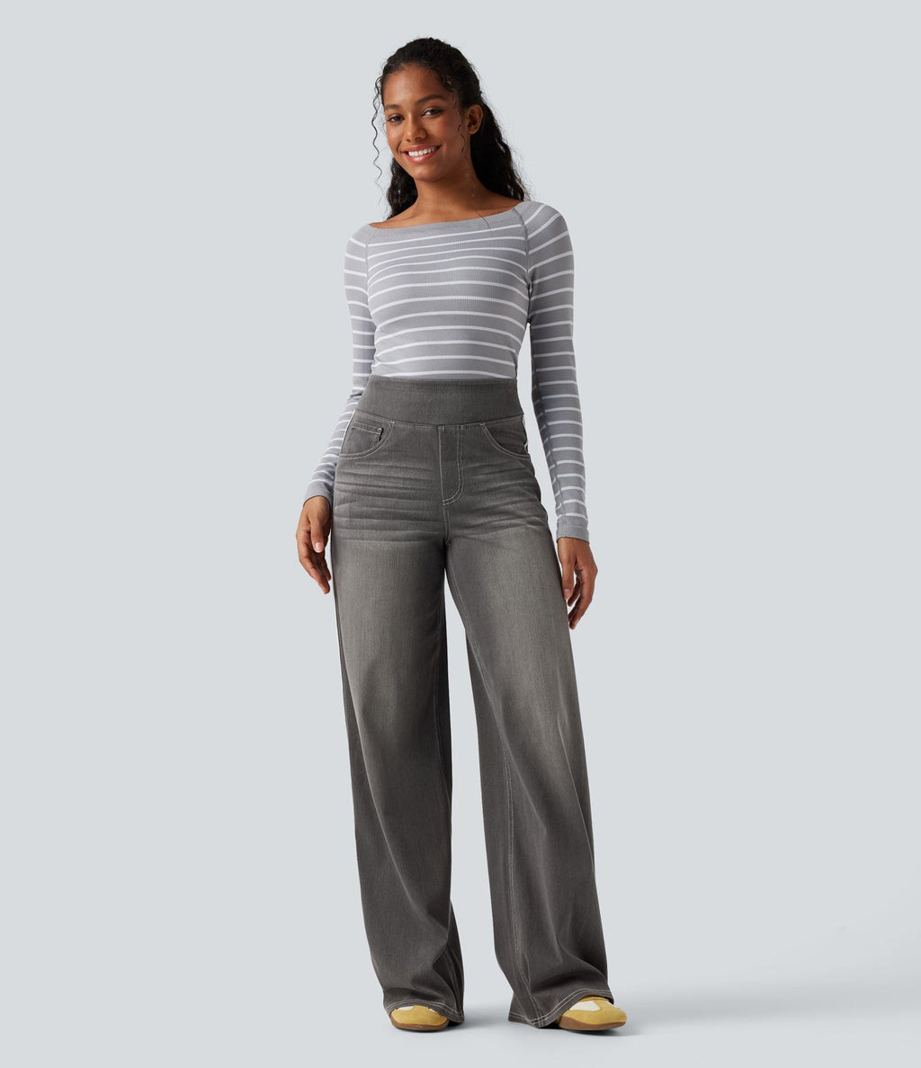 Halara Flex™ Jean large fluide délavé taille haute à rayures avec poches
