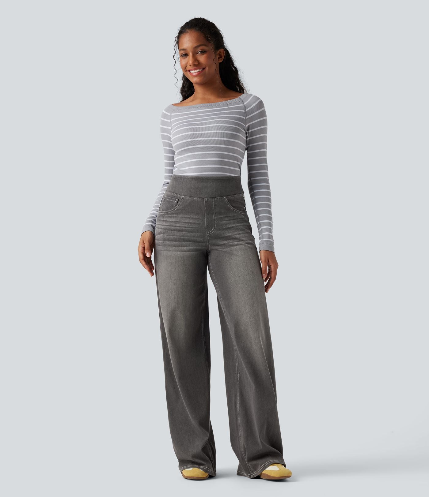 Halara Flex™ Jean large fluide délavé taille haute à rayures avec poches