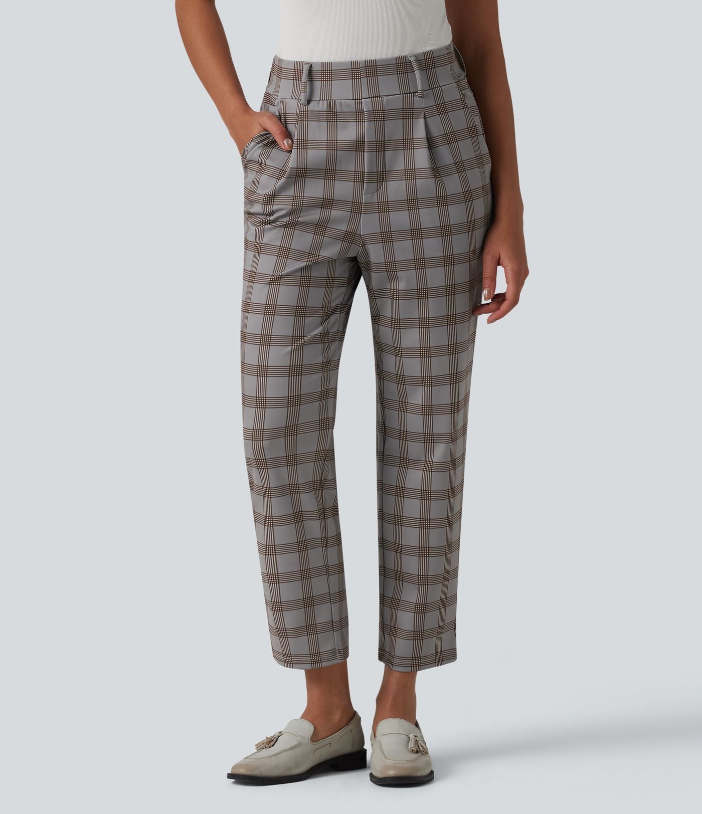 Halara Flex™ Pantalon tailleur fuselé taille haute à carreaux tartan, avec poches