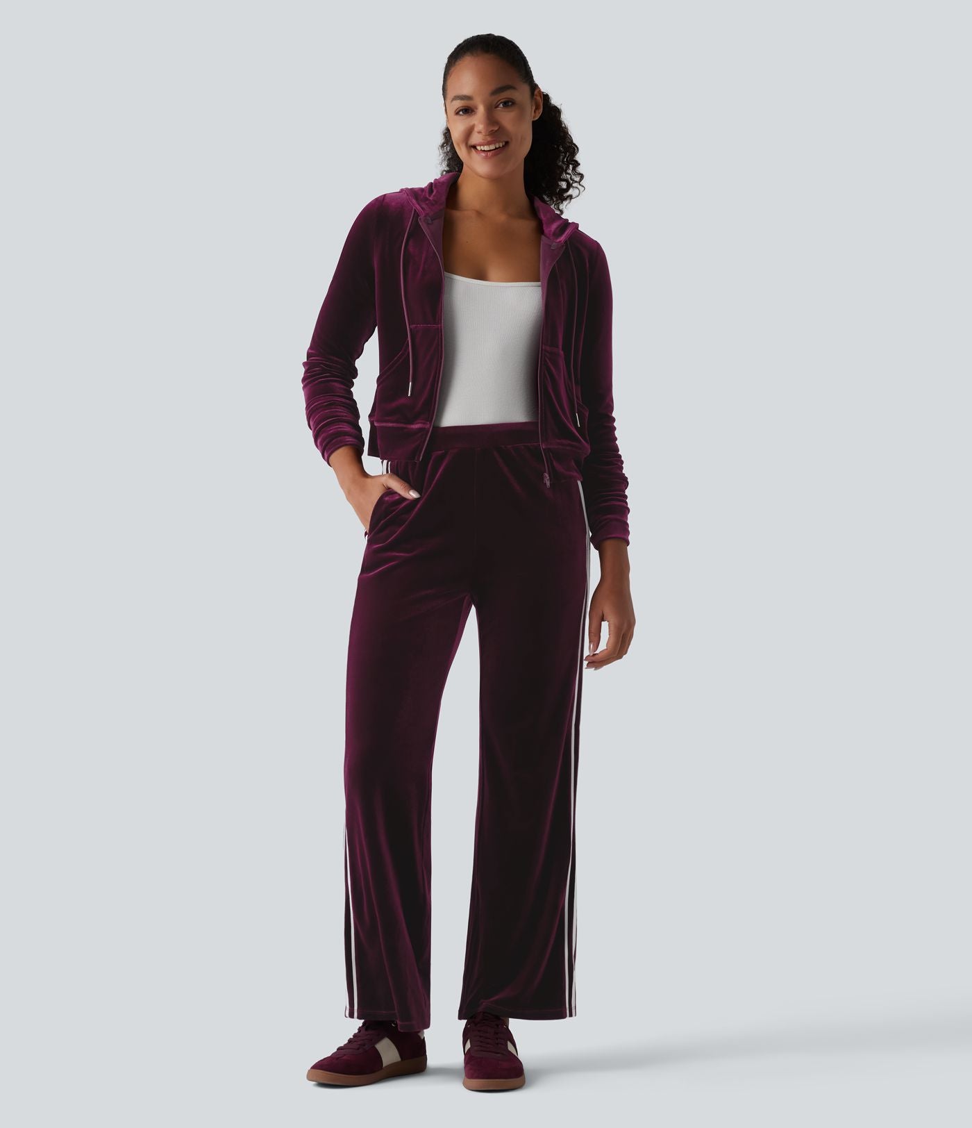 Pantalon évasé en velours taille basse color block à rayures avec poches