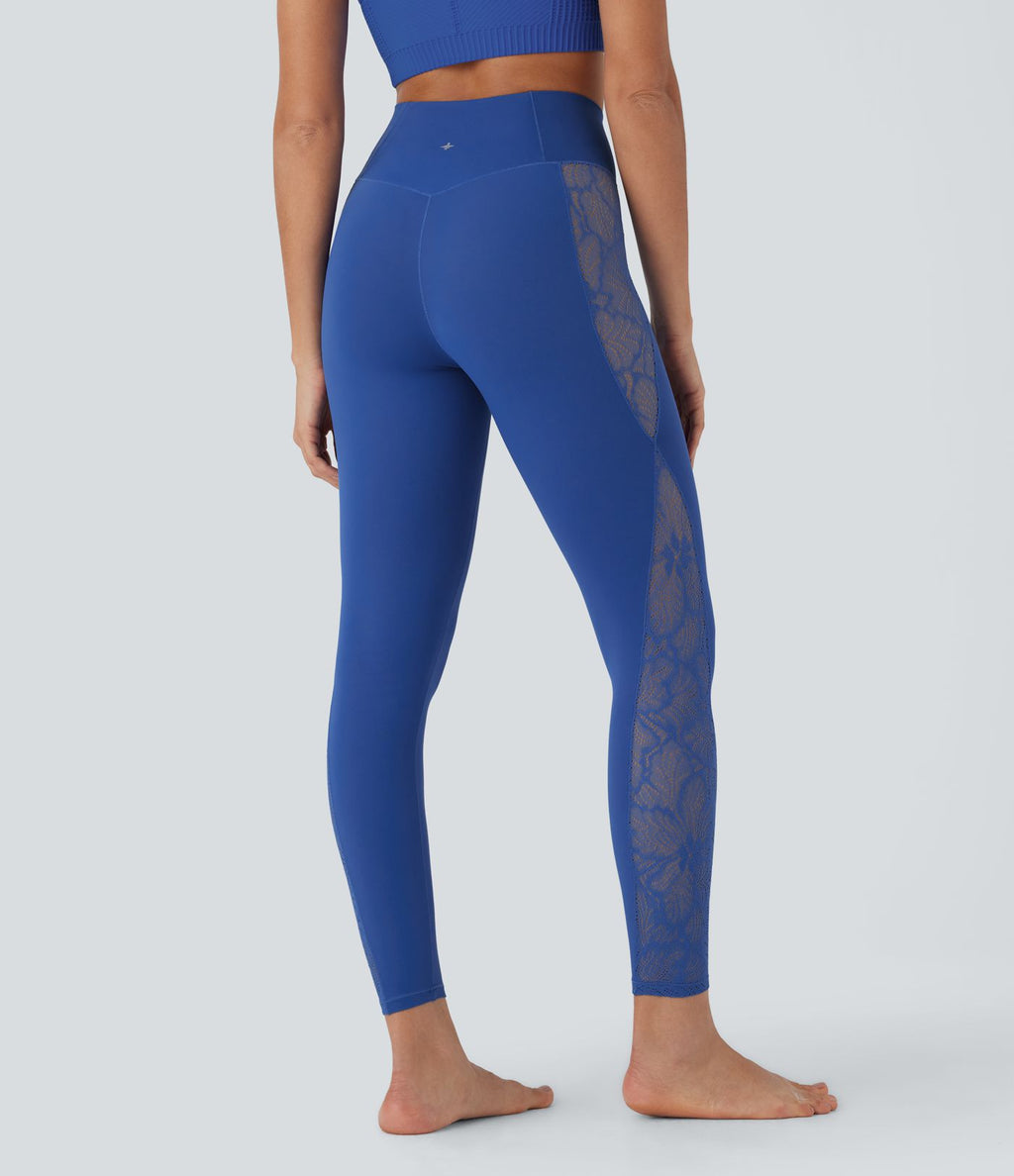 Softlyzero™ Legging Yoga 7/8 Taille Haute avec Poche au Dos Découpe Croisée et Dentelle Contrastante
