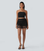 Mini-jupe de soirée taille haute 2-en-1 avec poche latérale et dentelle
