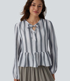 Blouse aspect lin à rayures manches longues ourlet à volants à nouer devant