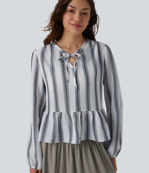 Blouse aspect lin à rayures manches longues ourlet à volants à nouer devant